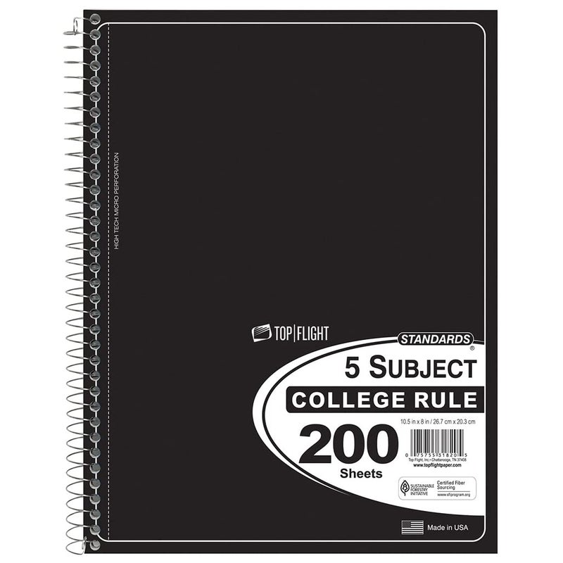 TOP FLITE Top Flight Standards 5-Subject Wirebound Notebook, 200 Sheets, 3-Hole Punched, College Rule, 10.5 x 8 Inches, 1 Notebook, Color May Vary (31820) - Image 1
